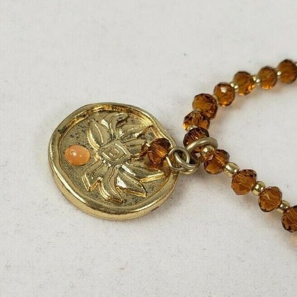 Coldwater Creek Necklace Yellow & Gold Tone Beaded Stamped Floral Pendant 19" - Picture 9 of 10